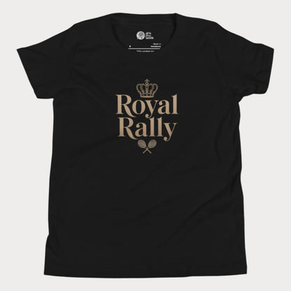 Black girls’ tennis t-shirt with gold “Royal Rally” crown and rackets design 