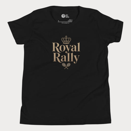Black girls’ tennis t-shirt with gold “Royal Rally” crown and rackets design 