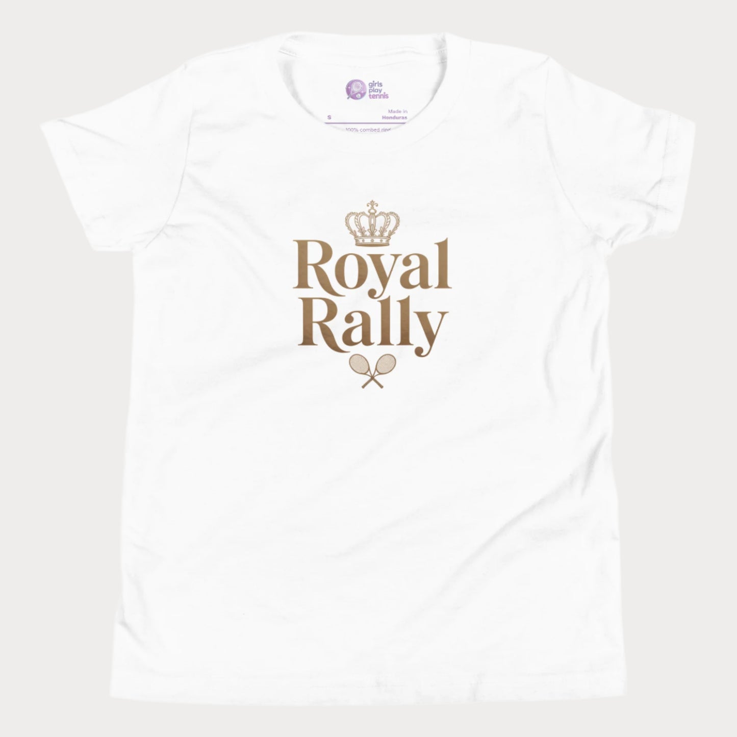 White girls’ tennis t-shirt with gold “Royal Rally” crown and rackets design 