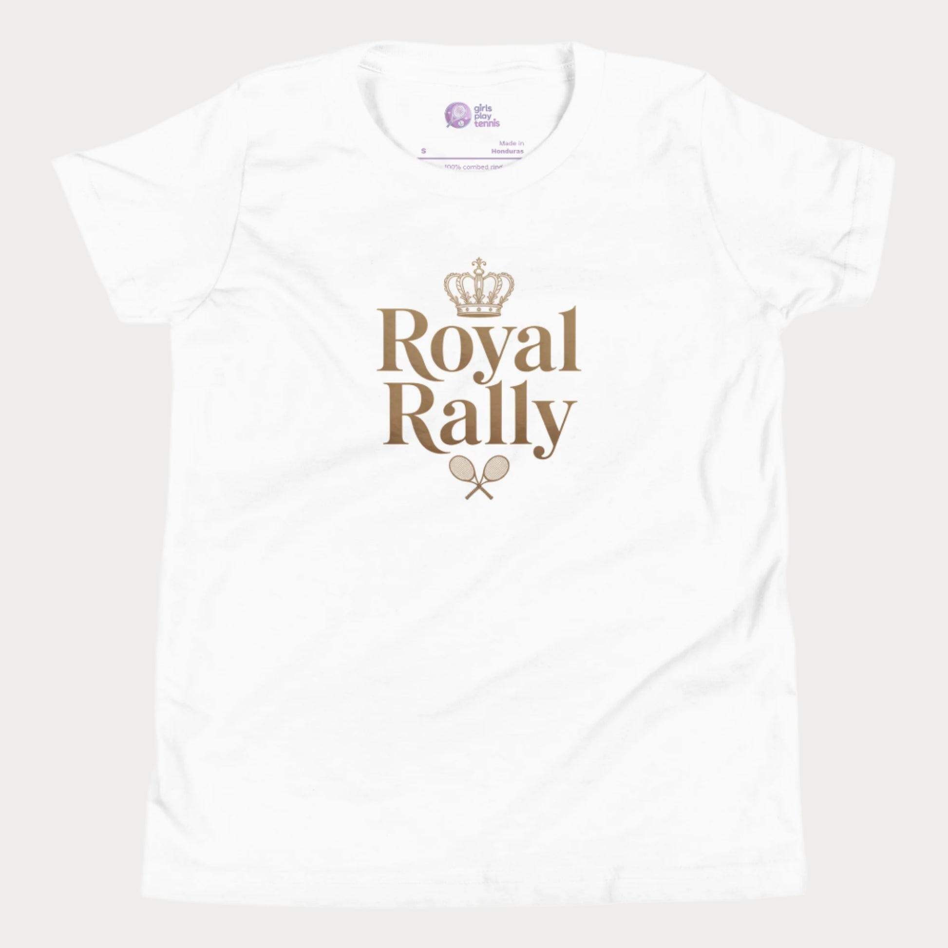 White girls’ tennis t-shirt with gold “Royal Rally” crown and rackets design 