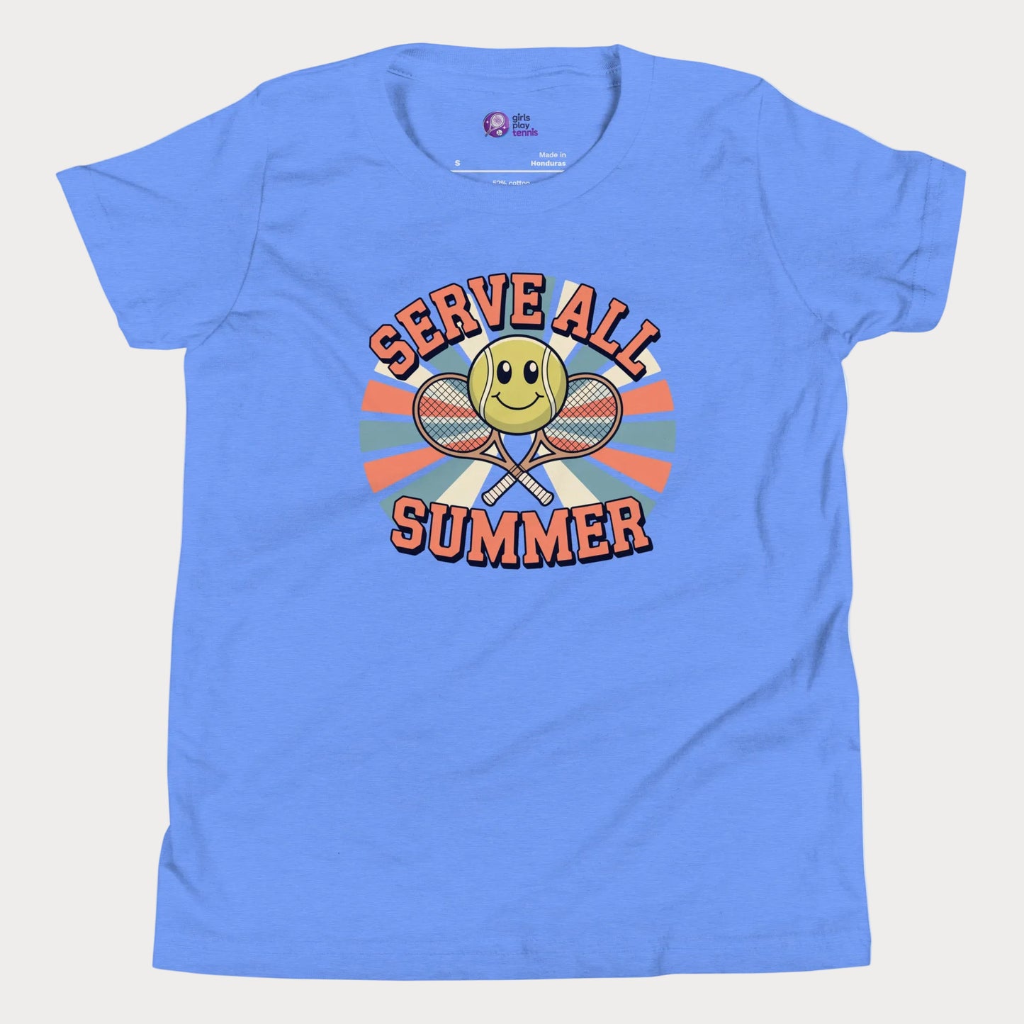 Blue Serve All Summer retro-inspired tennis t-shirt for kids and teens