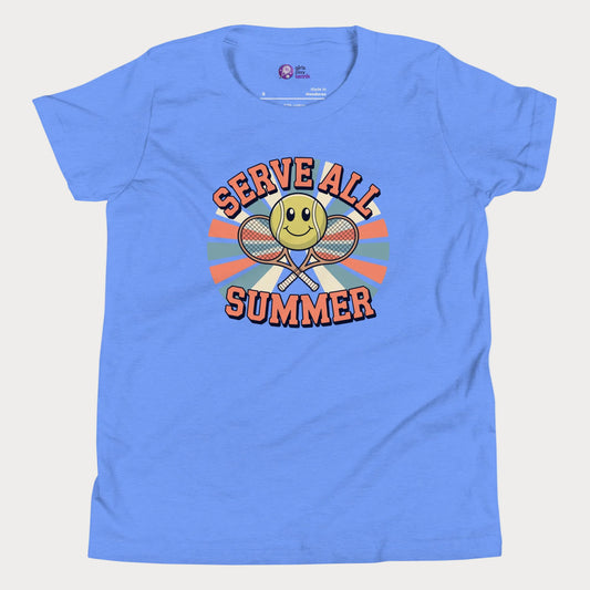 Blue Serve All Summer retro-inspired tennis t-shirt for kids and teens