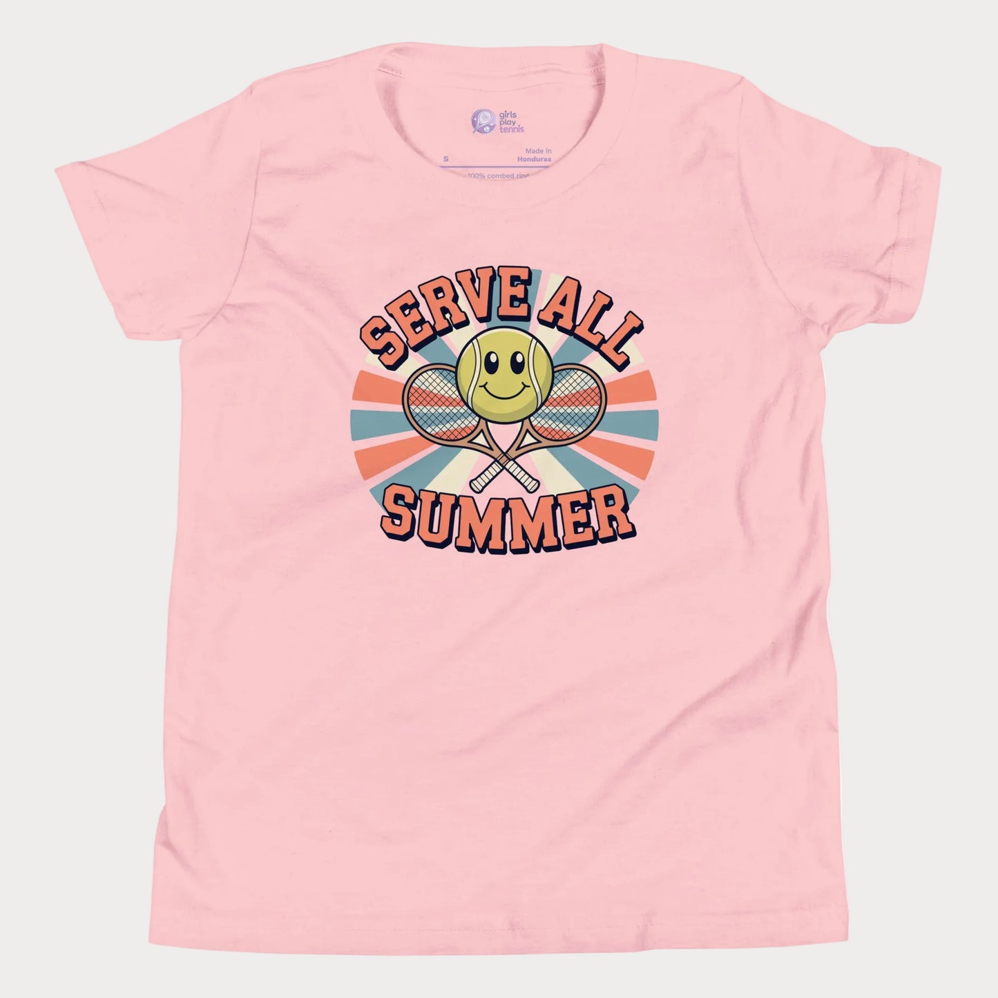 Pink Serve All Summer retro-inspired tennis t-shirt for kids and teens