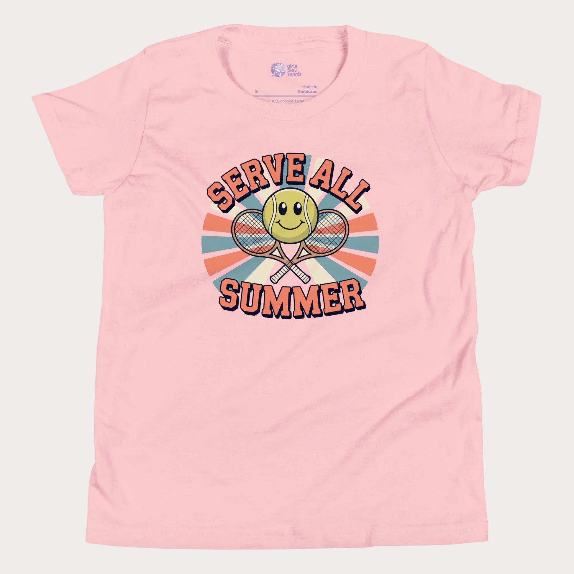Pink Serve All Summer retro-inspired tennis t-shirt for kids and teens