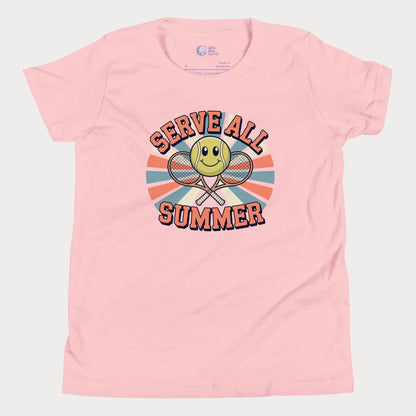 Pink Serve All Summer retro-inspired tennis t-shirt for kids and teens