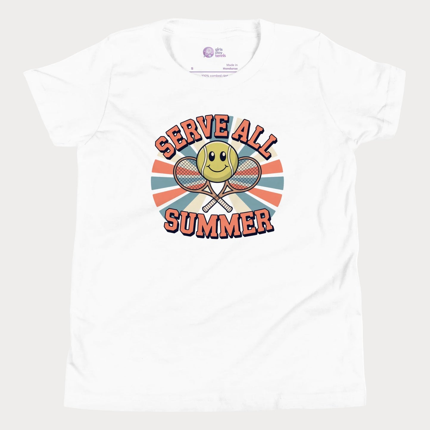 White Serve All Summer retro-inspired tennis t-shirt for kids and teens