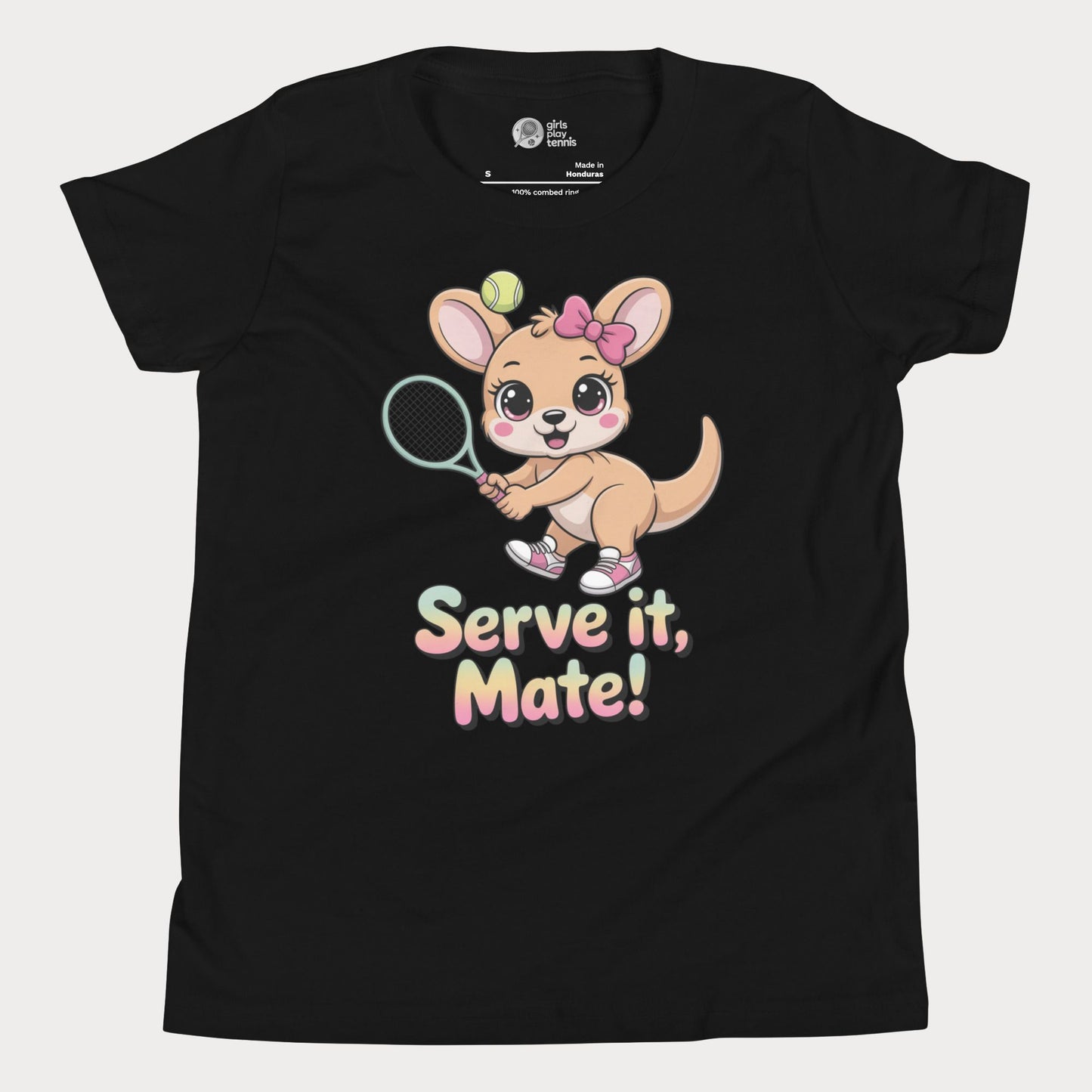 Serve It, Mate kids tennis t-shirt with cute kangaroo holding racket for young girls