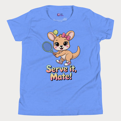 Serve It, Mate kids tennis t-shirt with cute kangaroo holding racket for young girls.