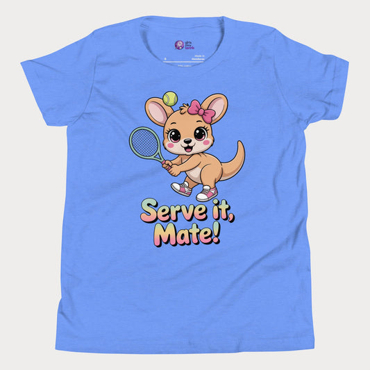 Serve It, Mate kids tennis t-shirt with cute kangaroo holding racket for young girls.