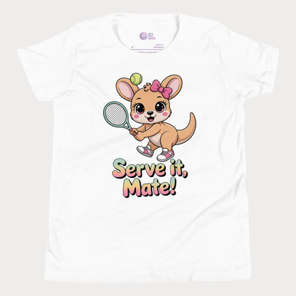 Serve It, Mate kids tennis t-shirt with cute kangaroo holding racket for young girls