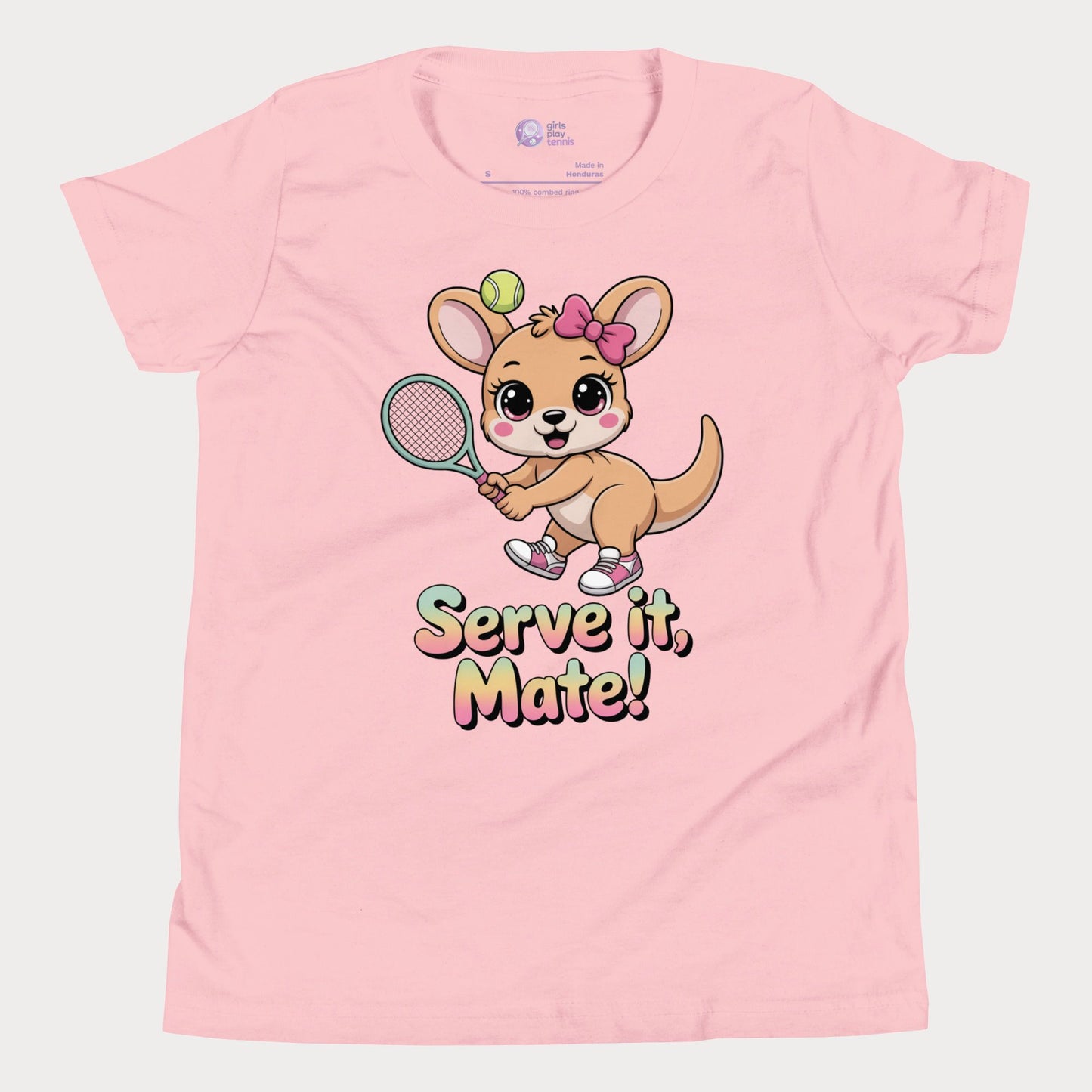Serve It, Mate kids tennis t-shirt with cute kangaroo holding racket for young girls.