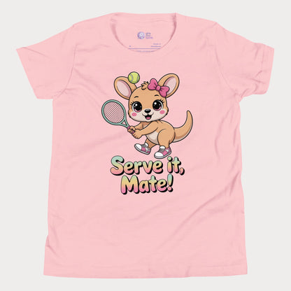 Serve It, Mate kids tennis t-shirt with cute kangaroo holding racket for young girls.