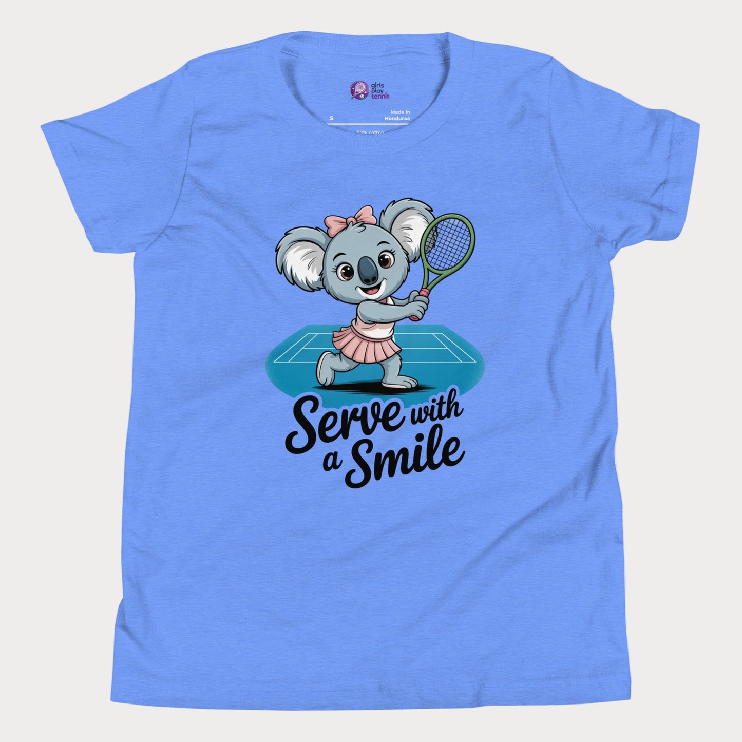 Serve with a Smile kids tennis t-shirt with cute koala serving on blue court for toddlers and youth.