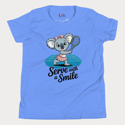 Serve with a Smile kids tennis t-shirt with cute koala serving on blue court for toddlers and youth.