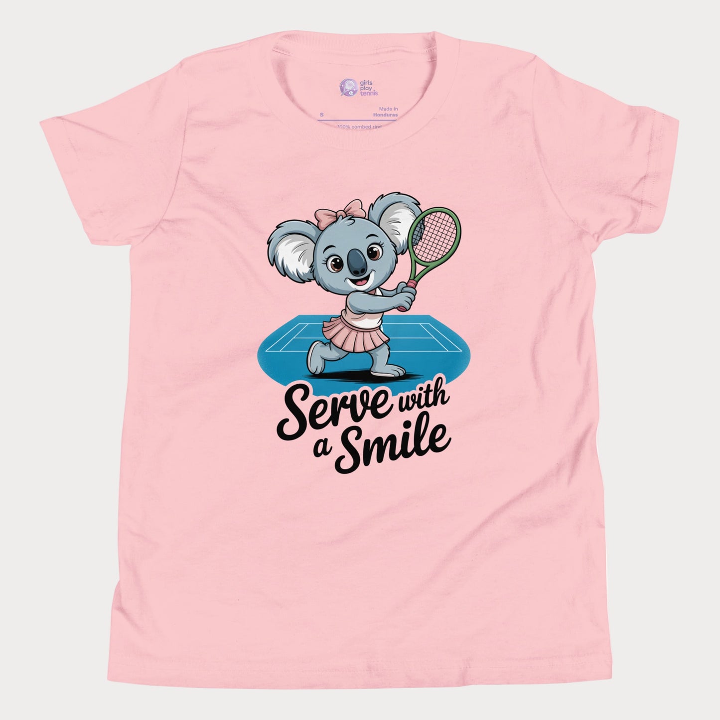 Serve with a Smile kids tennis t-shirt with cute koala serving on blue court for toddlers and youth.