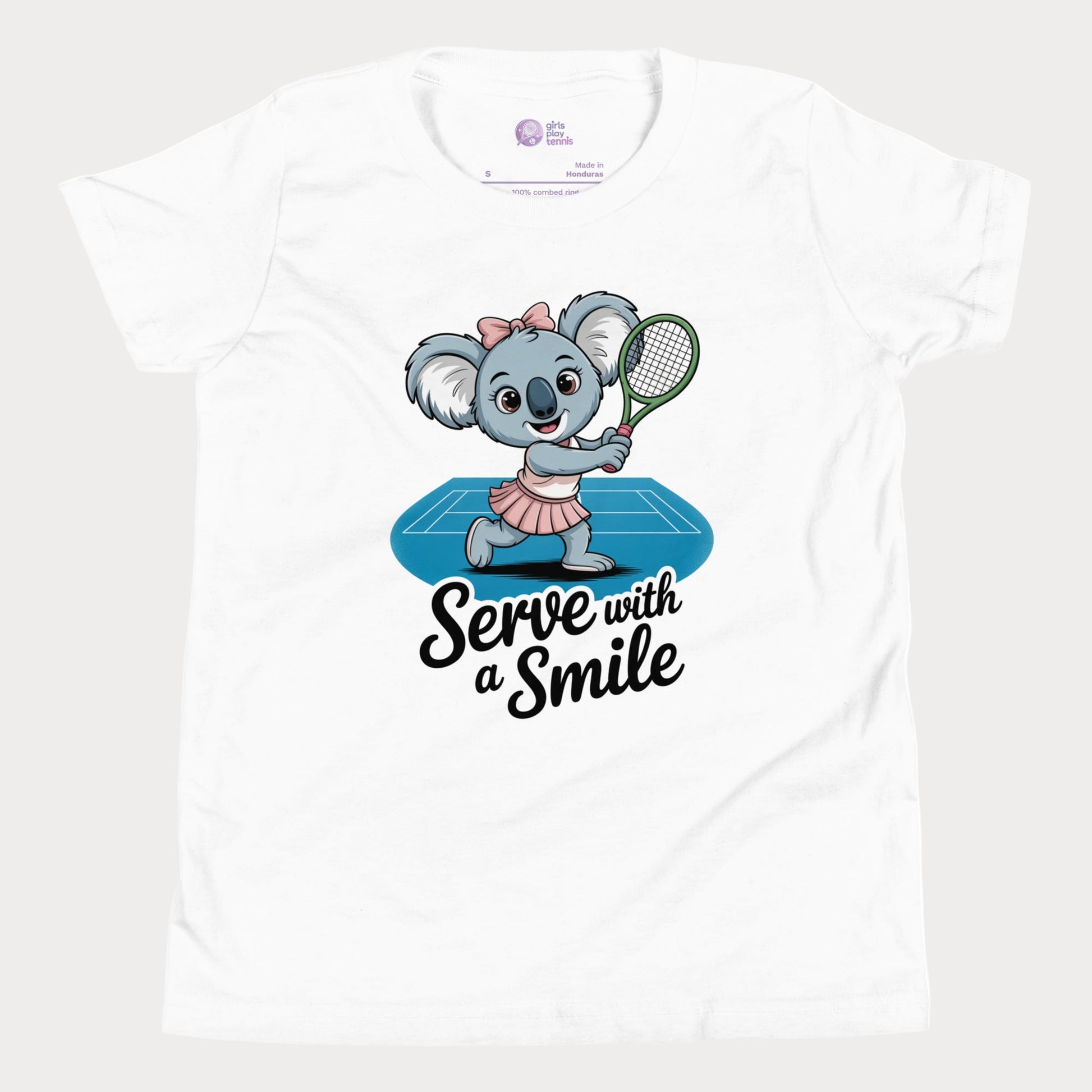 Serve with a Smile kids tennis t-shirt with cute koala serving on blue court for toddlers and youth.