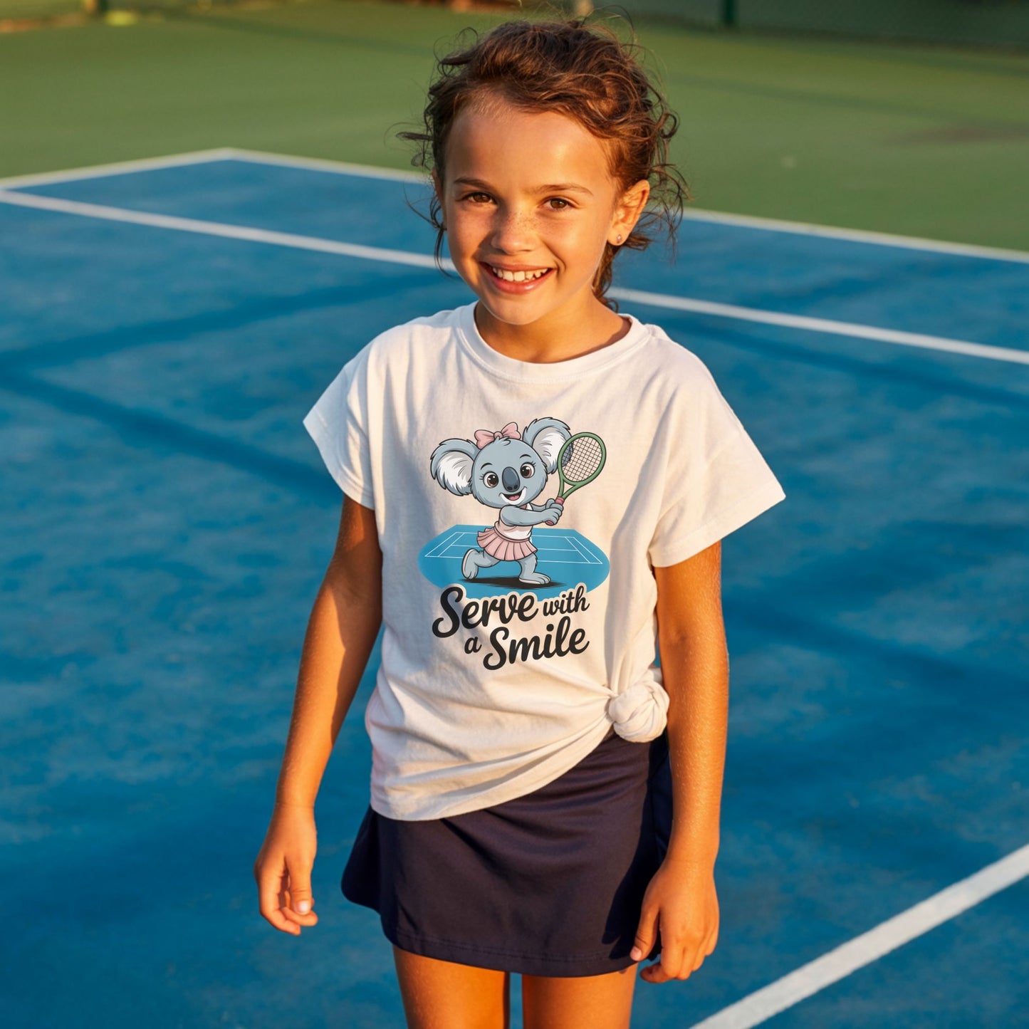 Young girl standing on a tennis court wearting a white Serve with a Smile kids tennis t-shirt with cute koala serving on blue court for toddlers and youth.