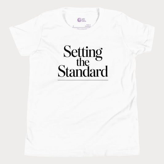 Setting the Standard tennis tee in white with minimalist white typography design for women and girls