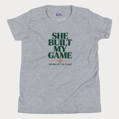 She Built My Game tennis t-shirt in athletic grey with white typography and tennis graphic for girls and women