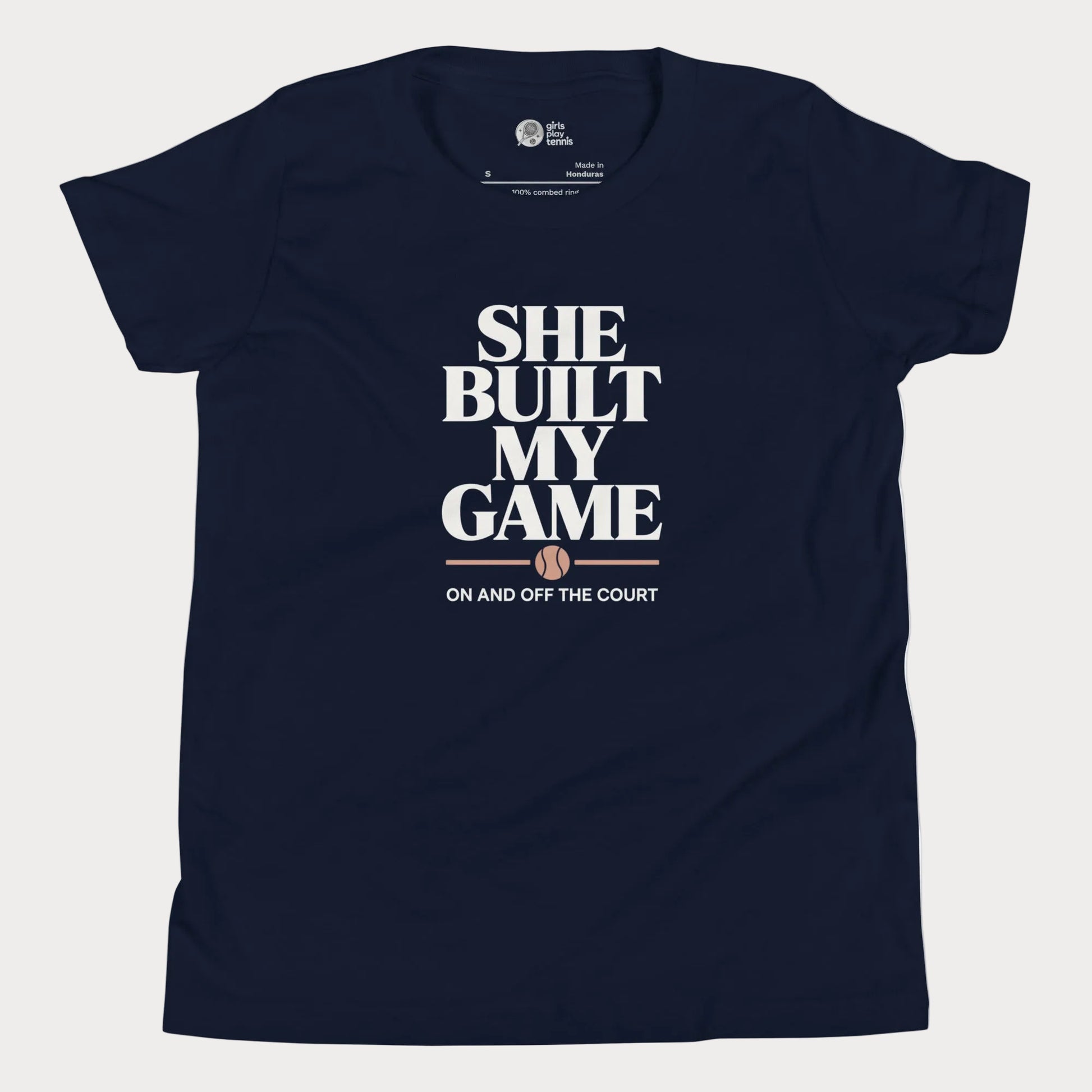 She Built My Game tennis t-shirt in navy with white typography and tennis graphic for girls and women