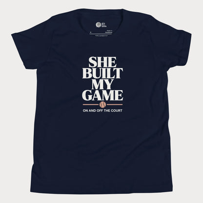 She Built My Game tennis t-shirt in navy with white typography and tennis graphic for girls and women