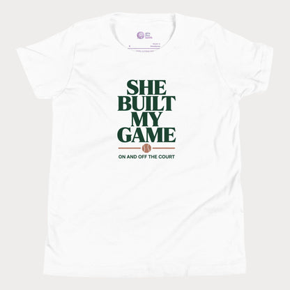 She Built My Game tennis t-shirt in white with white typography and tennis graphic for girls and women