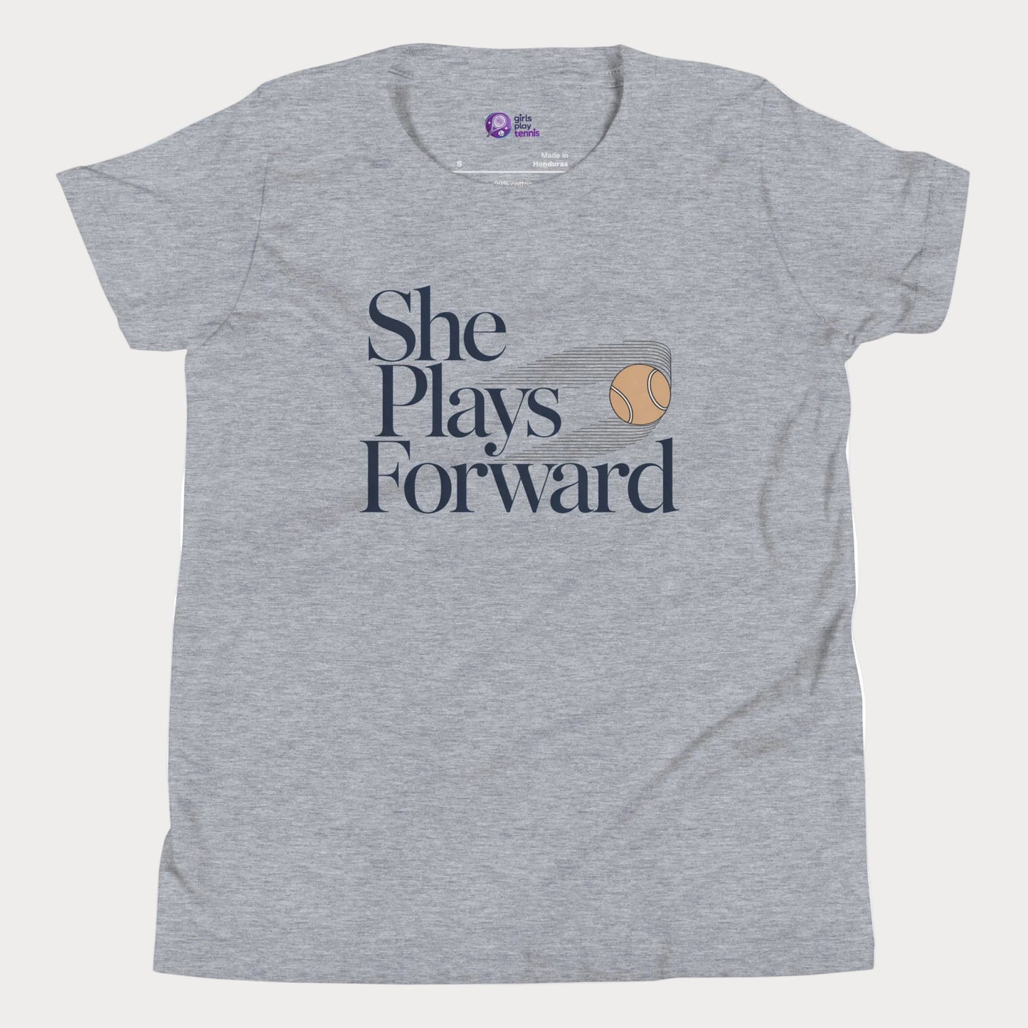 She Plays Forward tennis t-shirt in athletic grey with typography and tennis ball graphic for girls and women