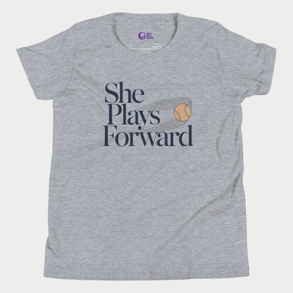 She Plays Forward tennis t-shirt in athletic grey with typography and tennis ball graphic for girls and women