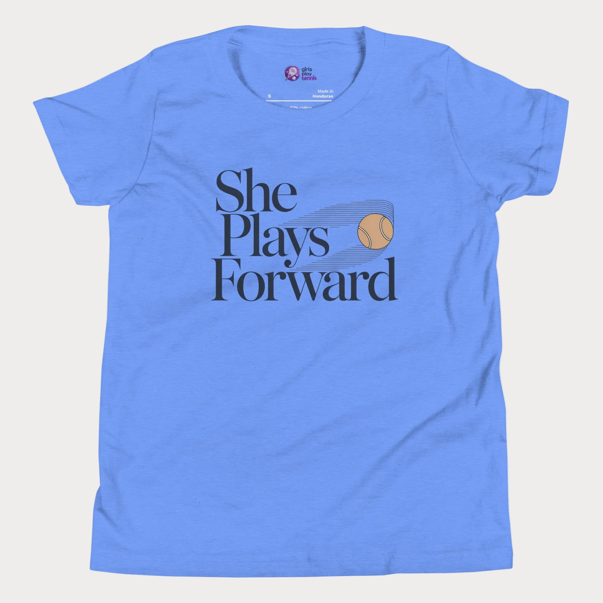 She Plays Forward tennis t-shirt in blue with typography and tennis ball graphic for girls and women