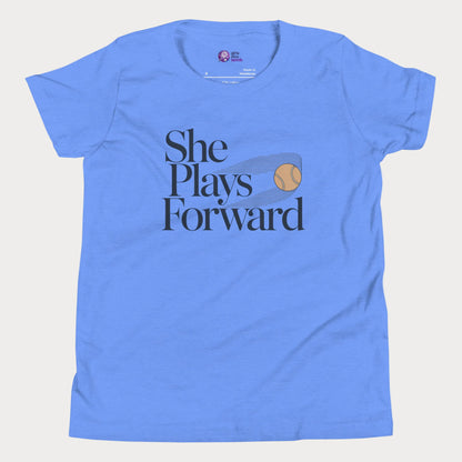 She Plays Forward tennis t-shirt in blue with typography and tennis ball graphic for girls and women