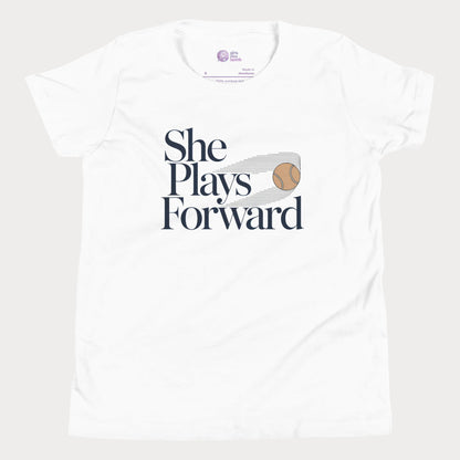 She Plays Forward tennis t-shirt in white with typography and tennis ball graphic for girls and women