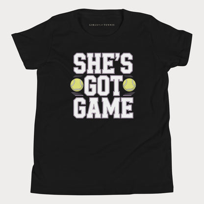 She's Got Game Youth Varsity Tennis Tee — Dark