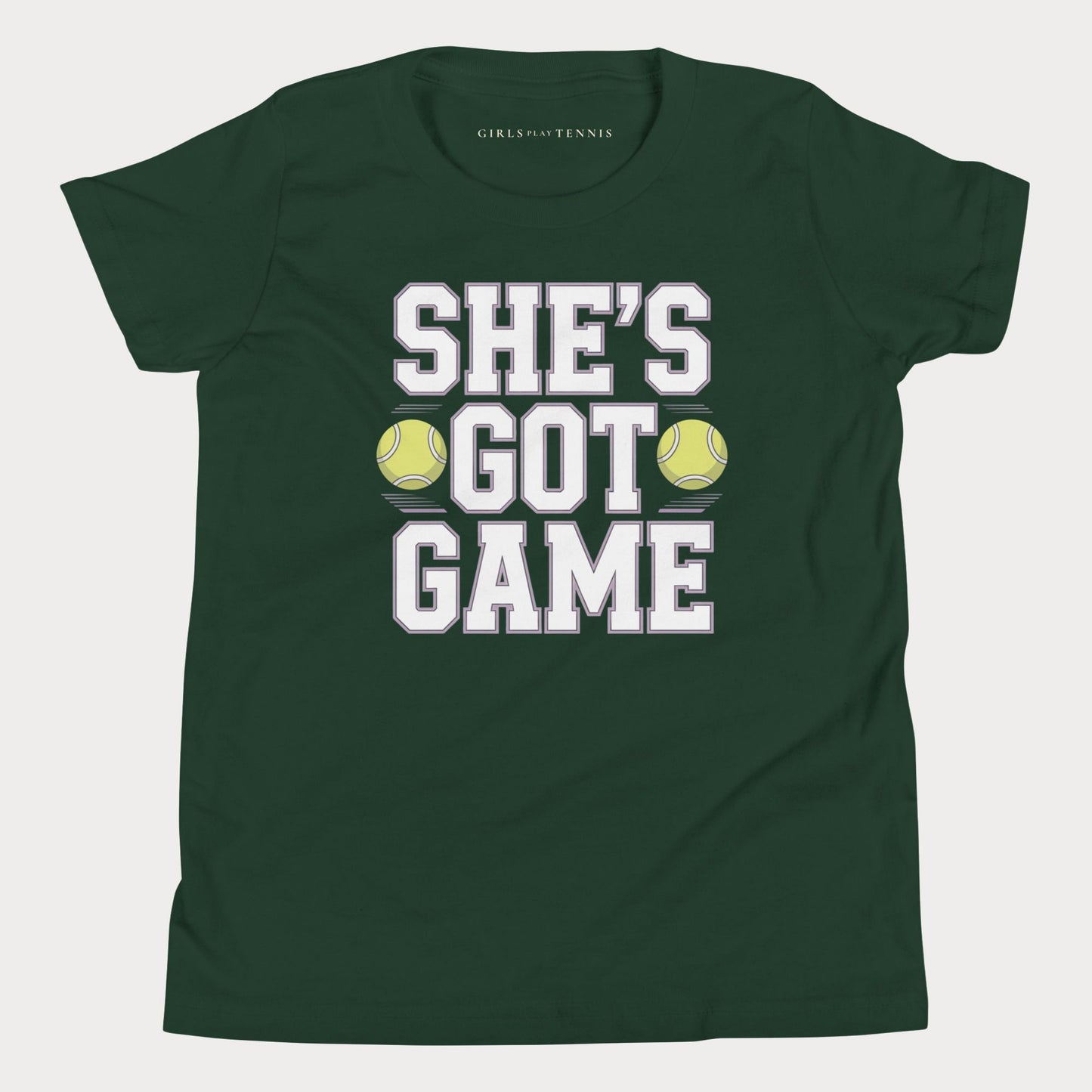 She's Got Game Youth Varsity Tennis Tee — Dark