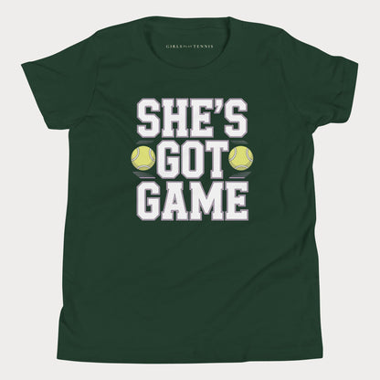 She's Got Game Youth Varsity Tennis Tee — Dark