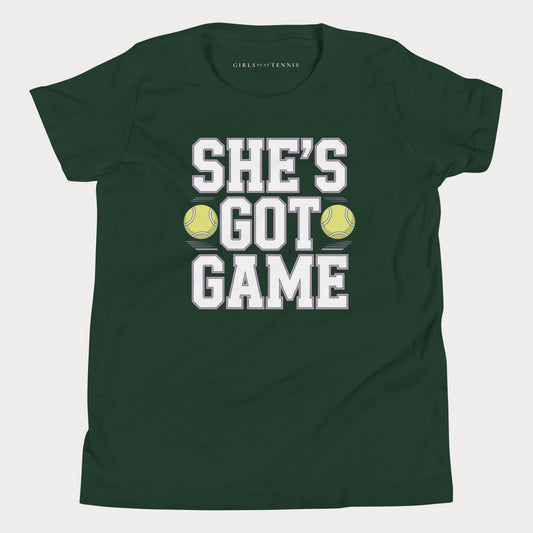 She's Got Game Youth Varsity Tennis Tee — Dark