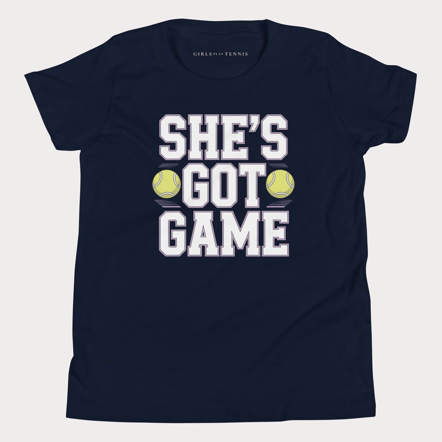 She's Got Game Youth Varsity Tennis Tee — Dark