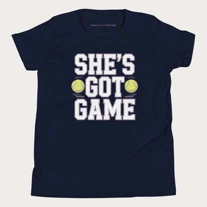 She's Got Game Youth Varsity Tennis Tee — Dark