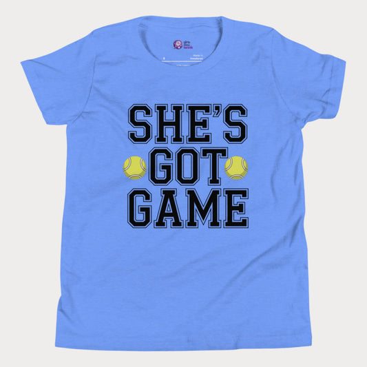 Blue “She’s Got Game” varsity tennis t-shirt with bold lettering and tennis ball graphic for girls and women
