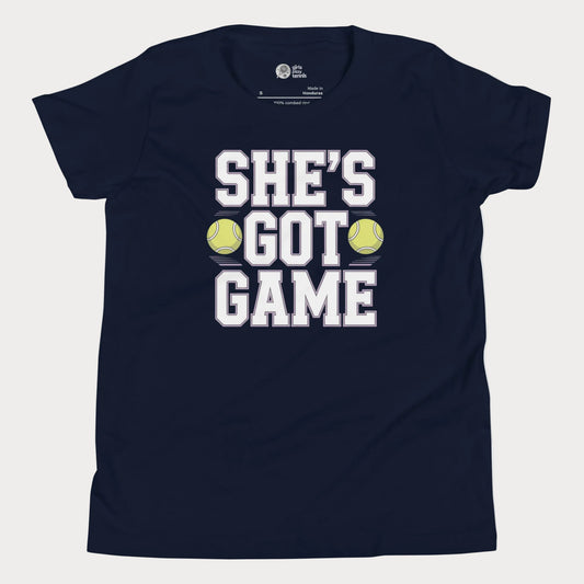 Navy “She’s Got Game” varsity tennis t-shirt with bold lettering and tennis ball graphic for girls and women