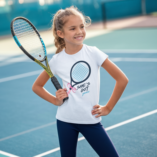 Girl wearing a white girls' tennis t-shirt featuring a stylish tennis racket with a pink bow and the phrase "She's Got Game" in bold lettering. Perfect tennis apparel for young girls who love the sport, blending sporty and girly elements for on-and-off-court style. 