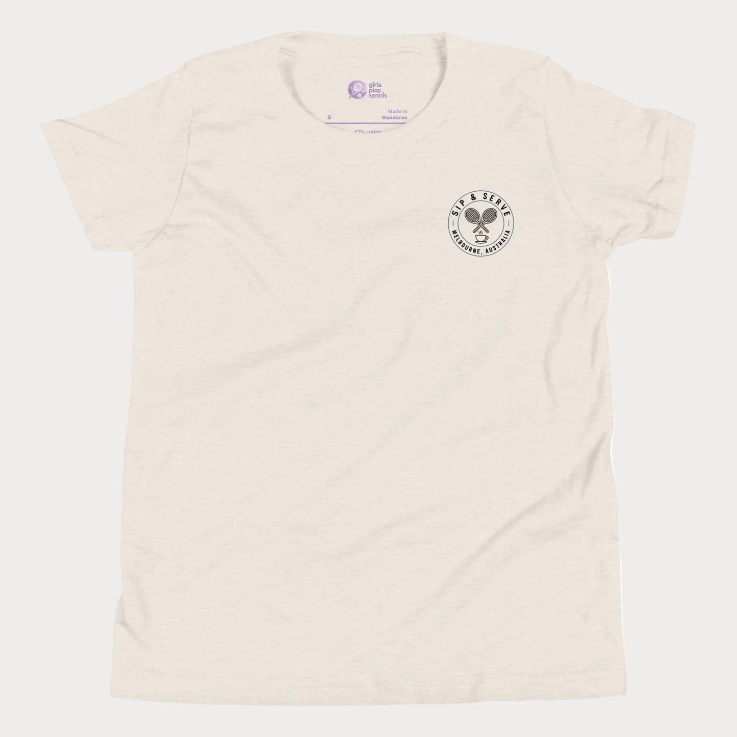 Beige tennis t-shirt with Sip & Serve circular pocket logo – Girls Play Tennis apparel