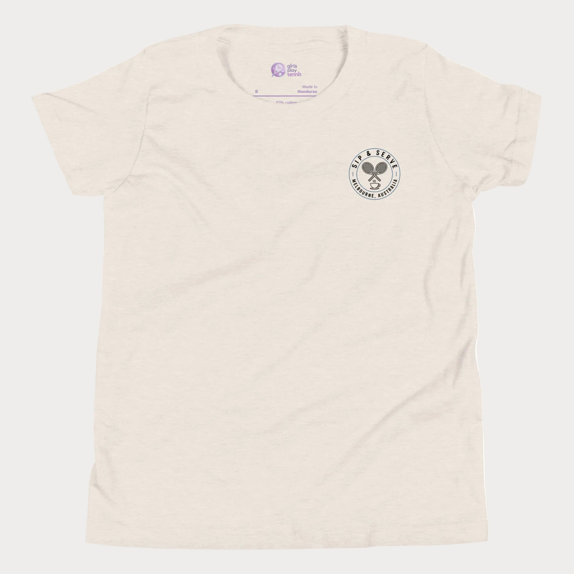 Beige tennis t-shirt with Sip & Serve circular pocket logo – Girls Play Tennis apparel