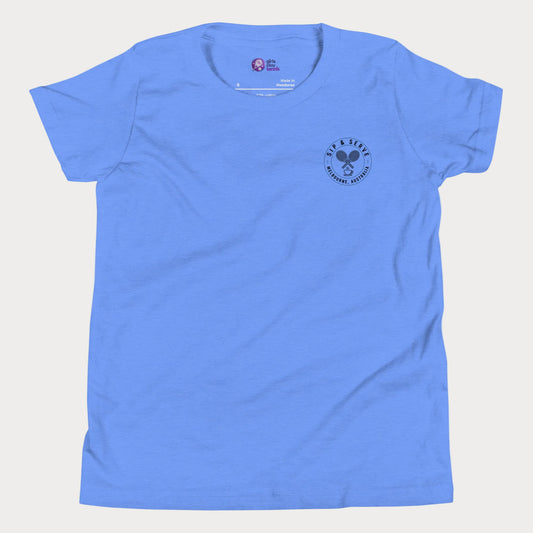 Blue tennis t-shirt with Sip & Serve circular pocket logo – Girls Play Tennis apparel