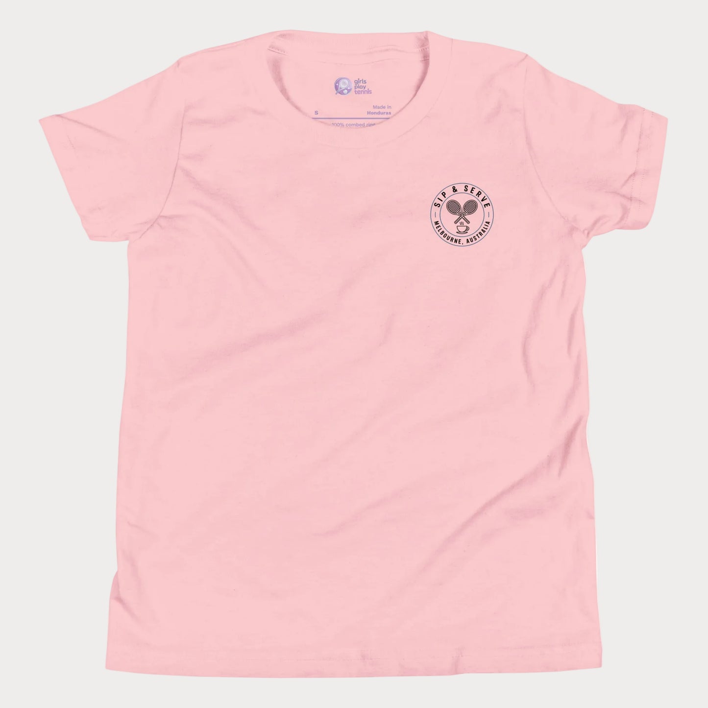 Pink tennis t-shirt with Sip & Serve circular pocket logo – Girls Play Tennis apparel
