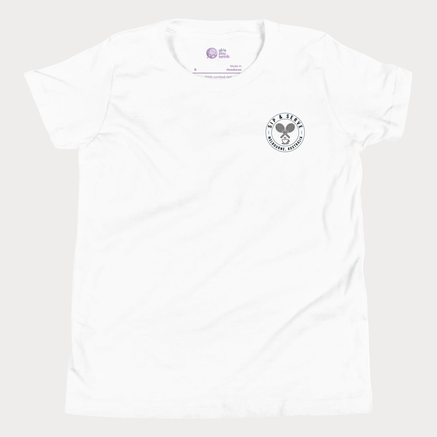 White tennis t-shirt with Sip & Serve circular pocket logo – Girls Play Tennis apparel