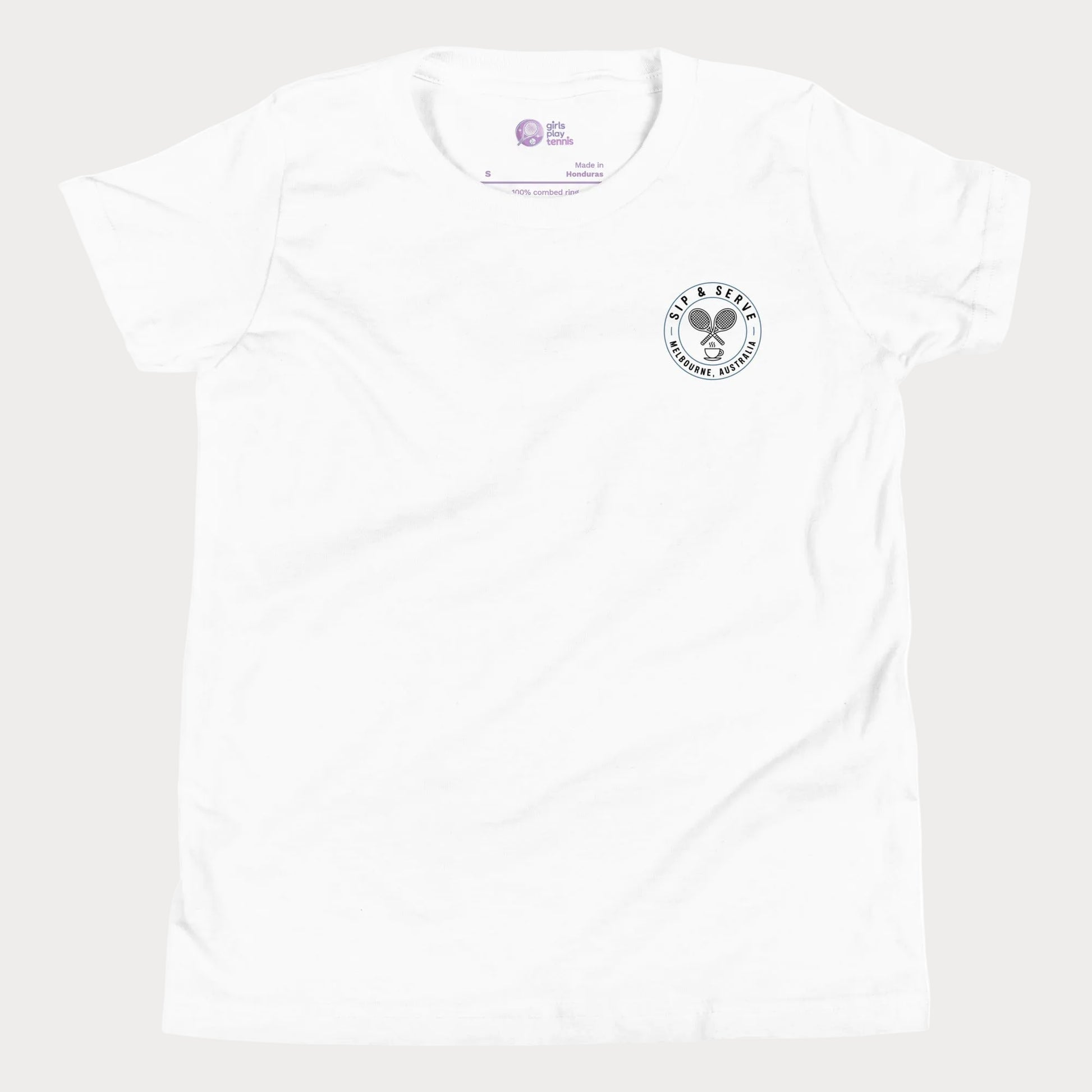 White tennis t-shirt with Sip & Serve circular pocket logo – Girls Play Tennis apparel