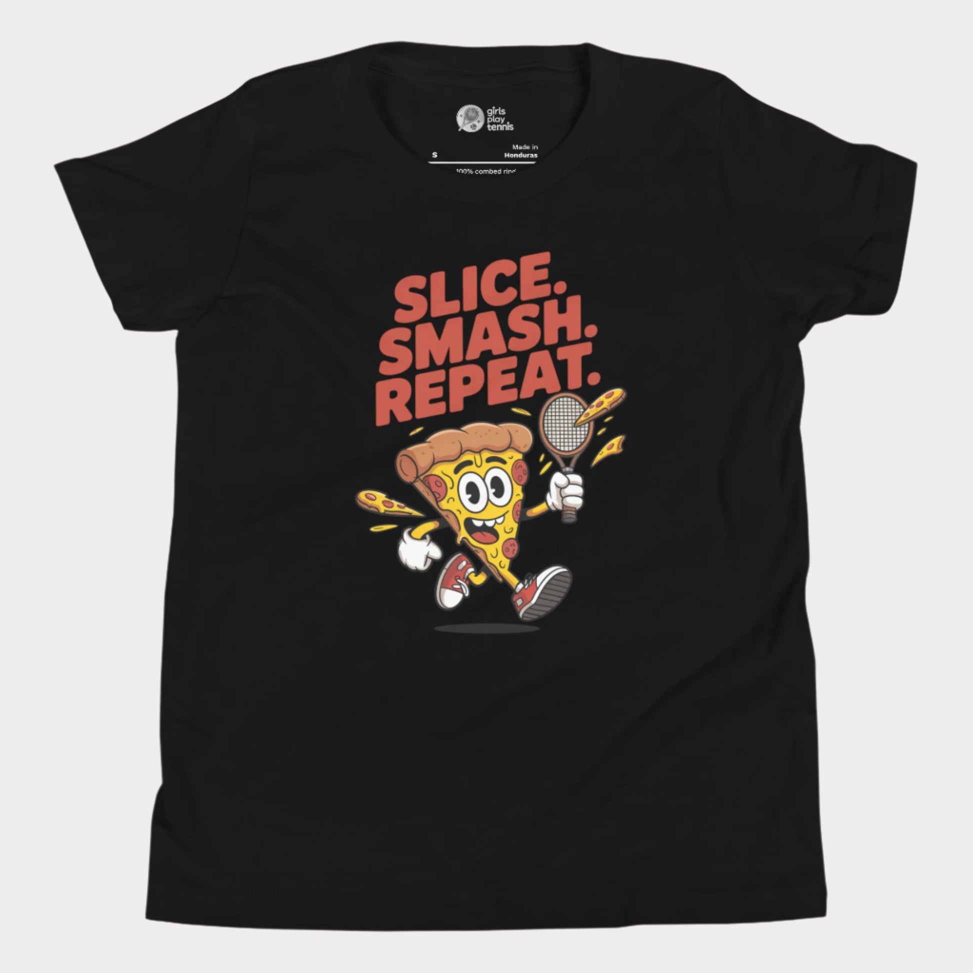 Cartoon pizza slice holding a tennis racket with the words "Slice. Smash. Repeat." on a black kids’ tennis t-shirt.