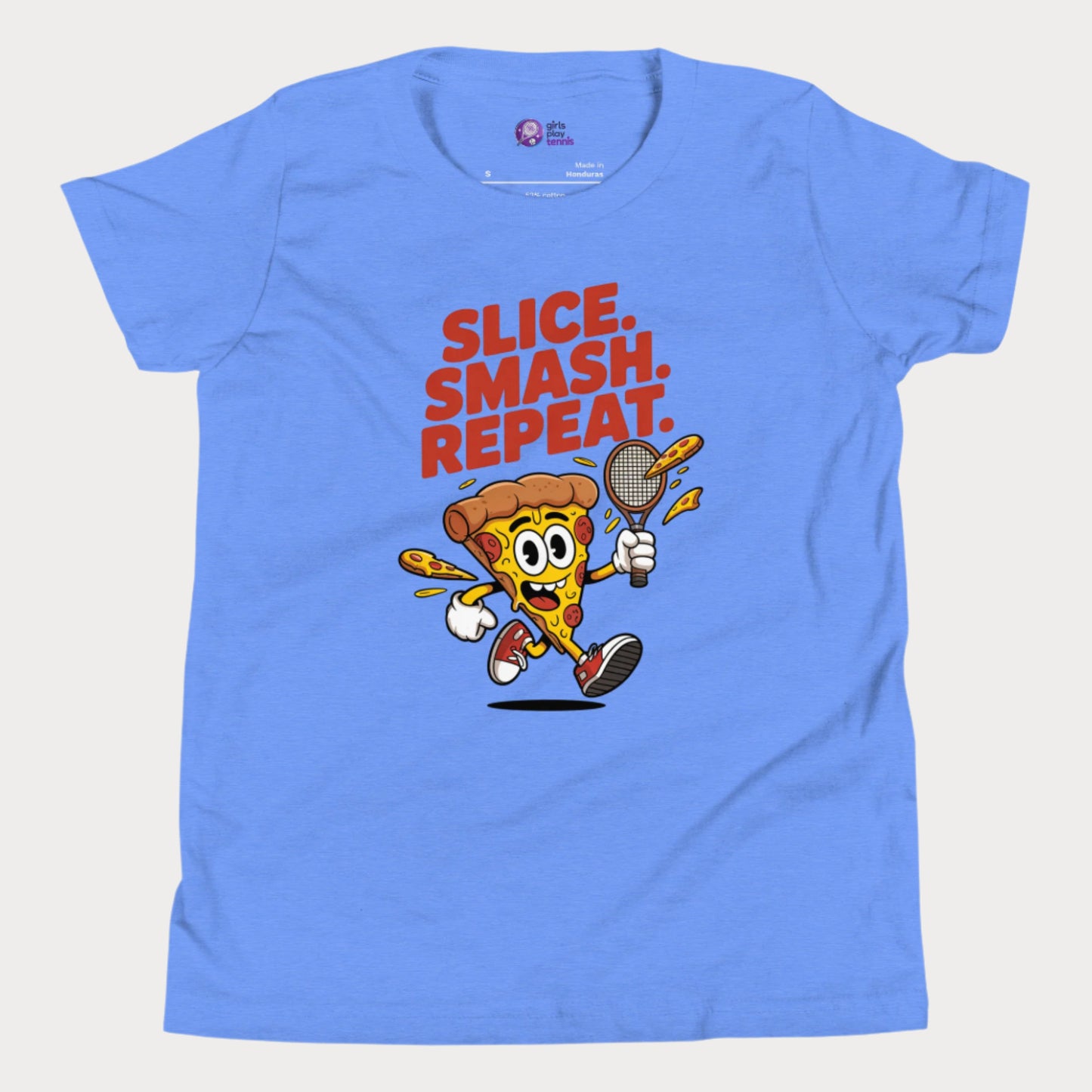 Cartoon pizza slice holding a tennis racket with the words "Slice. Smash. Repeat." on a blue kids’ tennis t-shirt.