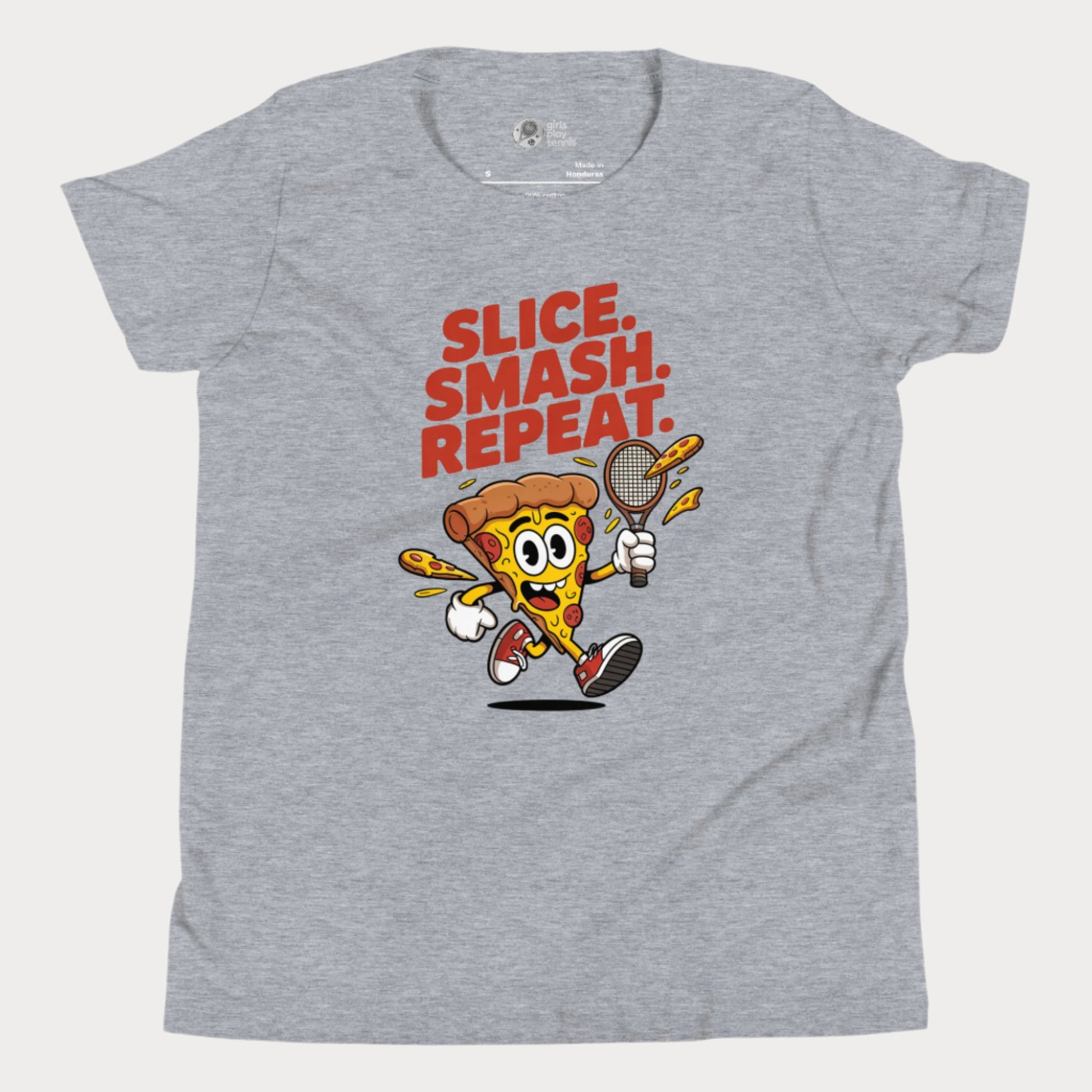 Cartoon pizza slice holding a tennis racket with the words "Slice. Smash. Repeat." on a grey kids’ tennis t-shirt.