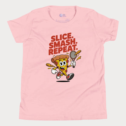 Cartoon pizza slice holding a tennis racket with the words "Slice. Smash. Repeat." on a pink kids’ tennis t-shirt.